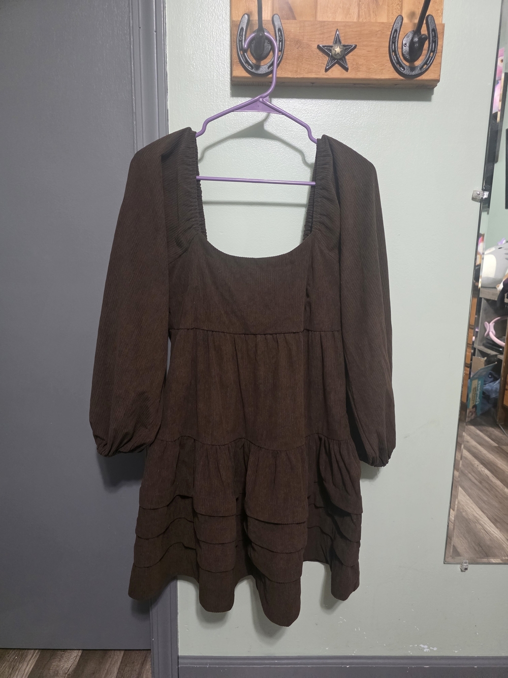 HYFVE Brown Square-Neck Tiered Long-Sleeve Dress
